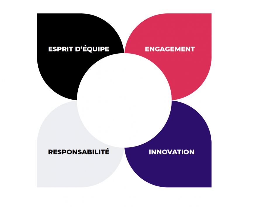 Cette image est un schéma en forme de fleur qui présente les quatre valeurs de Franfinance. Sur chaque pétale est inscrite une valeur : esprit d’équipe, engagement, responsabilité et innovation.