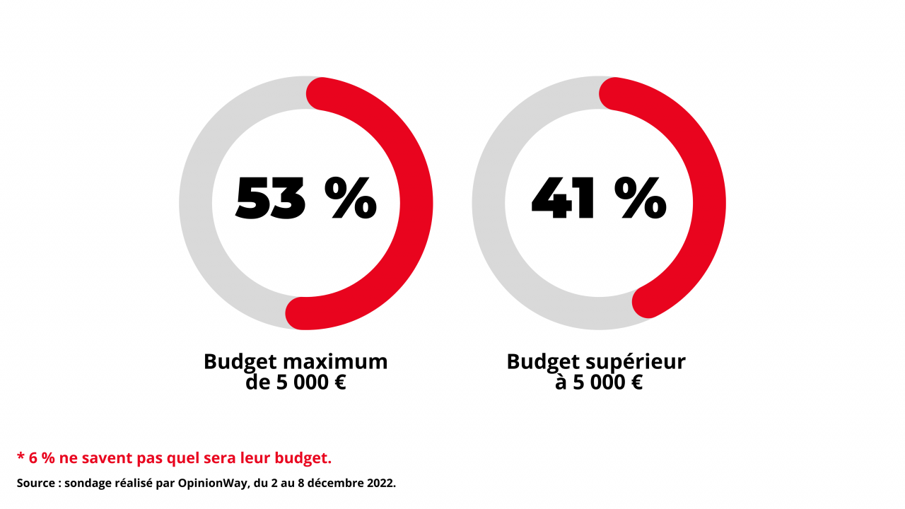 Deux graphiques représentant le budget prévu par les français pour leurs travaux de rénovation en 2023 (53 % prévoient un budget inférieur à 5 000€ ; 41 % prévoient un budget supérieur à 5 000€ et 6 % ne connaissent pas encore leur budget).
